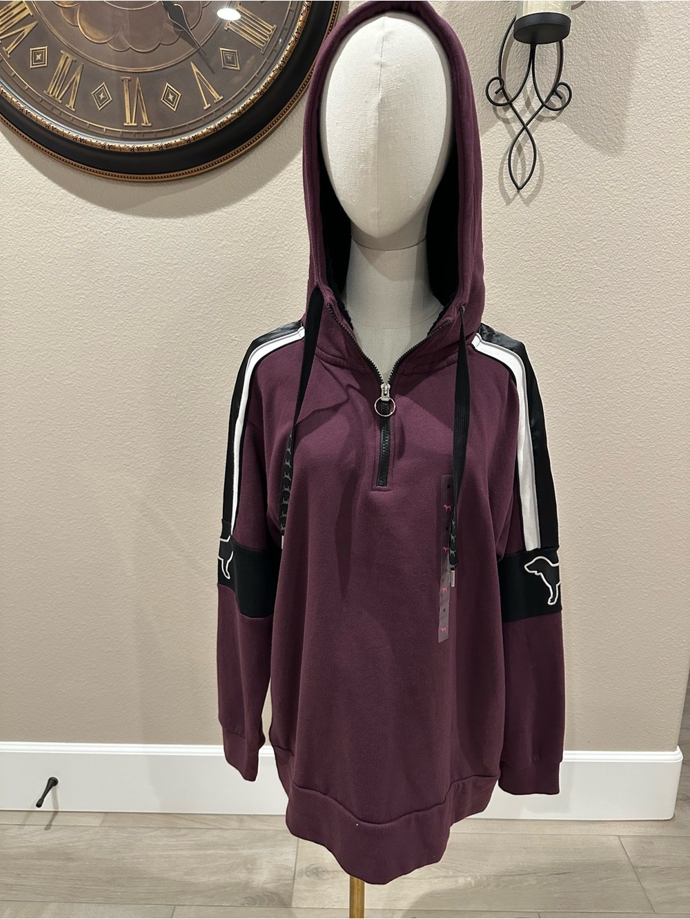 Victoria's Secret Plum Hooded Half-Zip Sweater with Black and White Stripes